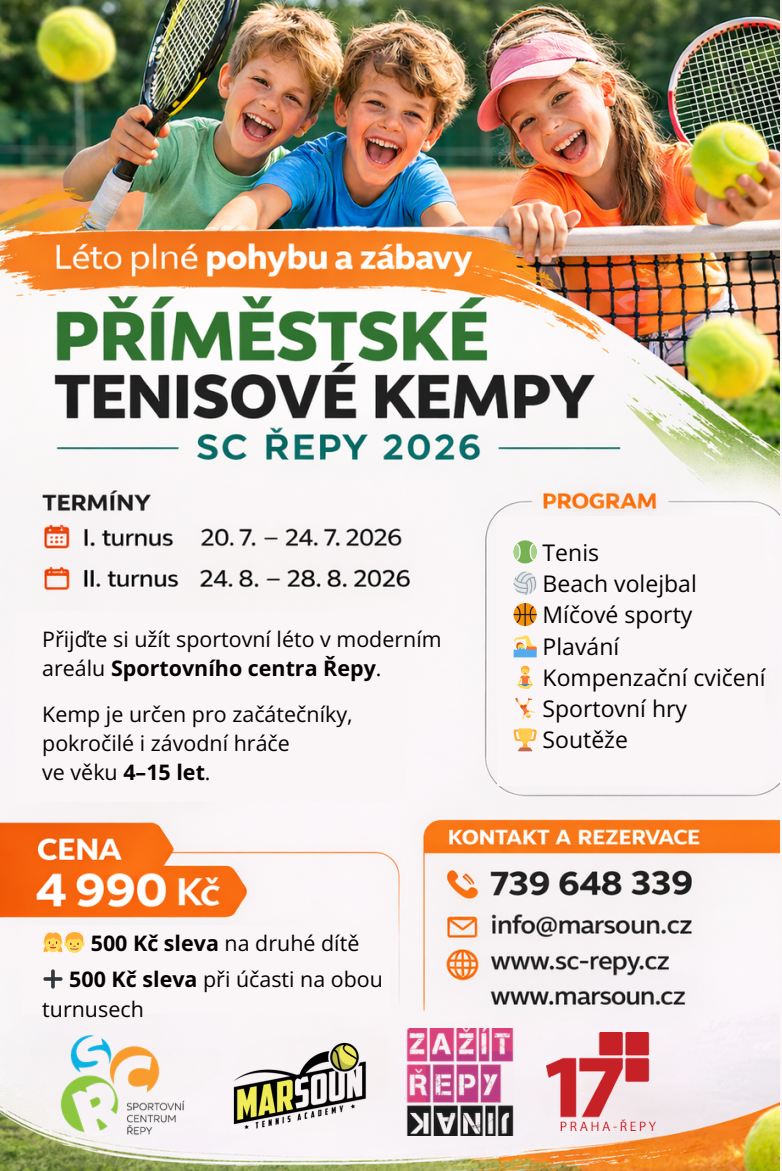 Příměstské tenisové kempy SC Řepy 2026 – plakát